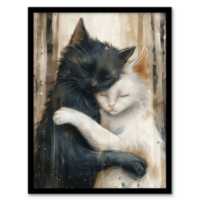 Artery8 Black Cat White Cat Lover Hugging Watercolour Poster Wall Art PrintA4 Size from B&Q