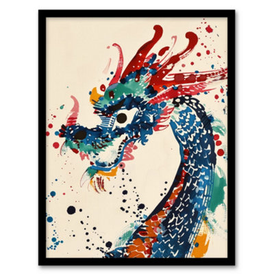Artery8 Colourful Chinese Dragon Watercolour Paint Splat Poster Wall Art PrintA4 Size from B&Q