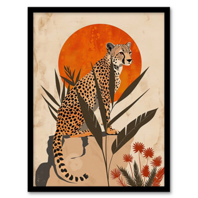 Artery8 Framed Wall Art Cheetah Perched On Rock Boho Sunset Sun Plants Poster12X16 Inch from B&Q
