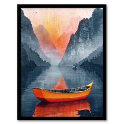 Artery8 Framed Wall Art Boat In Lake Serene Mountain Landscape Sunrise Poster12X16 Inch from B&Q