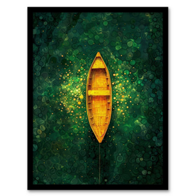 B&Q -  Framed Wall Art Emerald Cove Cave Gold Sunlight Boat Aerial View Poster12X16 Inch