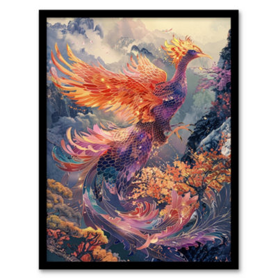 Artery8 Framed Wall Art Magical Phoenix Colourful Fantasy Concept Poster12X16 Inch from B&Q