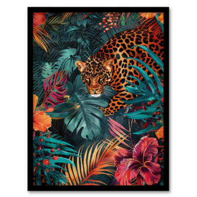 Artery8 Framed Wall Art Fierce Leopard Exotic Floral Jungle Plants Poster12X16 Inch from B&Q
