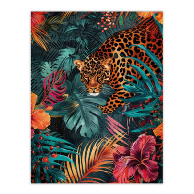 Artery8 Unframed Wall Art Fierce Leopard Exotic Floral Jungle Plants12X16 Inch from B&Q