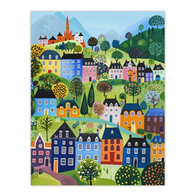 Artery8 Unframed Wall Art Colourful Townscape Church In Spring Folk Art12X16 Inch from B&Q