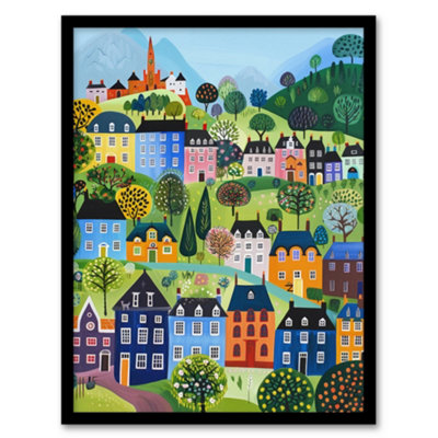 Artery8 Framed Wall Art Colourful Townscape Church In Spring Folk Poster12X16 Inch from B&Q