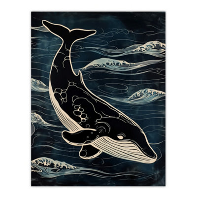 Artery8 Unframed Wall Art Whale And Ocean Waves Pattern Woodcut Painting12X16 Inch from B&Q