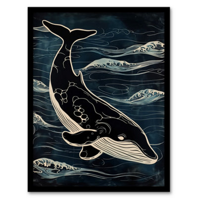 Artery8 Framed Wall Art Whale And Ocean Waves Pattern Woodcut Painting Poster12X16 Inch from B&Q