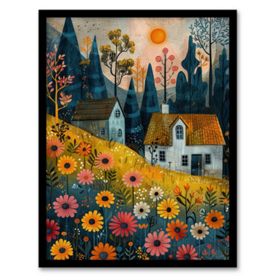 Artery8 Framed Wall Art Countryside Spring Hill House Daisy Flowers Poster12X16 Inch from B&Q