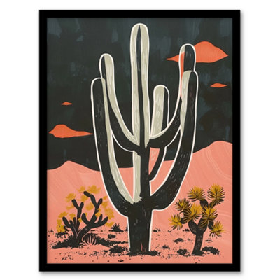 B&Q -  Framed Wall Art Saguaro Cactus Pink Grey Desert Landscape Poster12X16 Inch