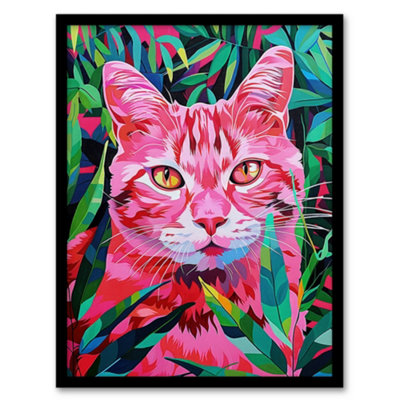 Artery8 Cat Lover Pet In Fronds Psychedelic Pink Green Poster Wall Art PrintA4 Size from B&Q
