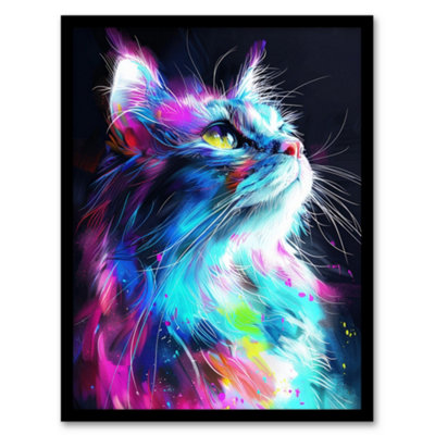 Artery8 Framed Wall Art Birman Cat Lover Neon Glowing Blue Pink Portrait Poster12X16 Inch from B&Q
