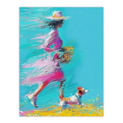 Artery8 Unframed Wall Art Woman And Pet Windy Walk Dog Lover Abstract12X16 Inch from B&Q