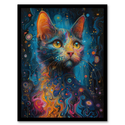 Artery8 Framed Wall Art Cat Lover Colourful Abstract Psychedelic Painting Poster12X16 Inch from B&Q