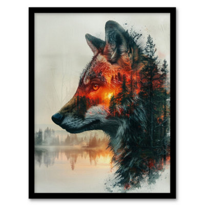 Artery8 Framed Wall Art Wolf Forest Sunset Nature Animal Lover Design Poster12X16 Inch from B&Q