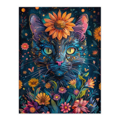 Artery8 Unframed Wall Art Mystic Cat In Flowers Hippy Night Abstract Animal12X16 Inch from B&Q