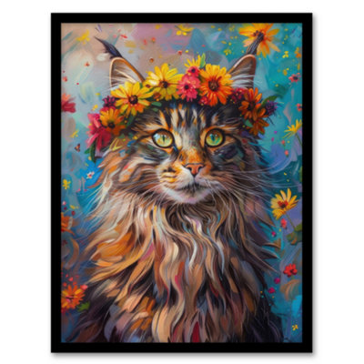 Artery8 Hippy Maine Cat In Flower Crown Fun Abstract Poster Wall Art PrintA4 Size from B&Q