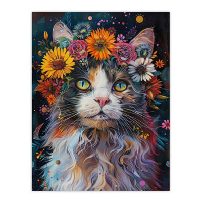 Artery8 Unframed Wall Art Mystic Psychedelic Hippy Cat Flower Crown Abstract12X16 Inch from B&Q