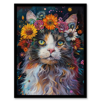 Artery8 Framed Wall Art Mystic Psychedelic Hippy Cat Flower Crown Abstract Poster12X16 Inch from B&Q