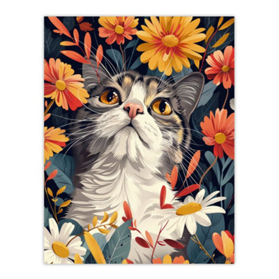Artery8 Unframed Wall Art Cat In Wildflowers Painting Animal Lover Floral12X16 Inch from B&Q
