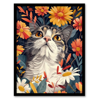 Artery8 Framed Wall Art Cat In Wildflowers Painting Animal Lover Floral Poster12X16 Inch from B&Q