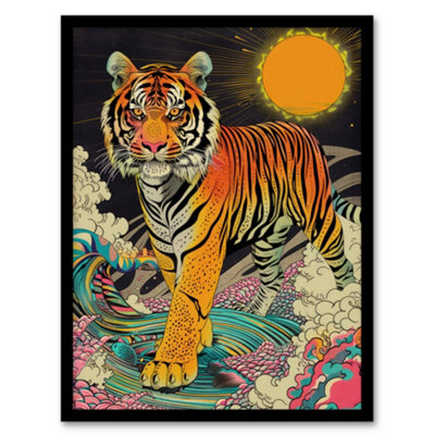 Artery8 Framed Wall Art Psychedelic Tiger Rainbow Sun Bold Magic Design Poster12X16 Inch from B&Q