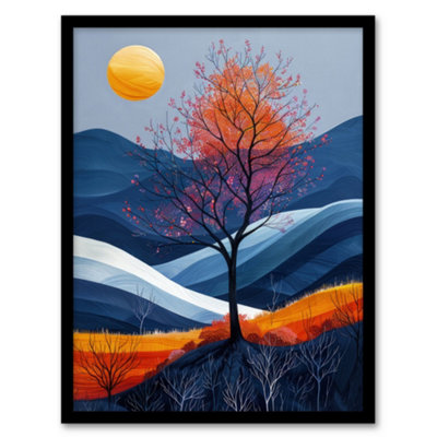 B&Q -  Framed Wall Art Moon And Autumn Tree In Scottish Hills Painting Poster12X16 Inch