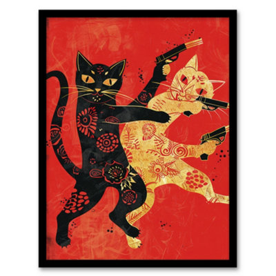 Artery8 Cat Fight Fun Lover Red Black Japanese Style Framed Wall Art Print from B&Q