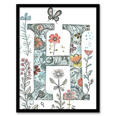 Artery8 Letter H Wildflower Garden Watercolour Butterfly Floral Word Wall Art PrintA4 Size from B&Q