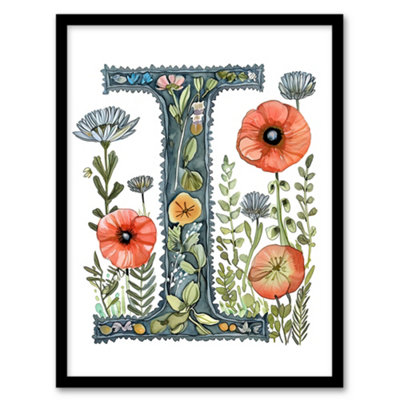 Artery8 Letter I In Watercolour Wildflowers Poppy Bouquet Floral Word Wall Art PrintA4 Size from B&Q