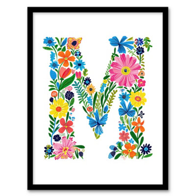 B&Q -  Letter M In Bright Colourful Flowers Spring Garden Floral Word Poster Wall Art PrintA4 Size