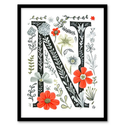 Artery8 Letter N In Poppies Wildflowers Pen Drawing Floral Word Wall Art PrintA4 Size from B&Q