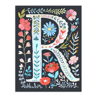 B&Q -  Unframed Wall Art Letter R In Bright Watercolour Flowers Cute Floral Word Art For Her12X16 Inch