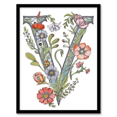 Artery8 Letter V Classic Watercolour Wildflowers Elegant Floral Word Wall Art PrintA4 Size from B&Q