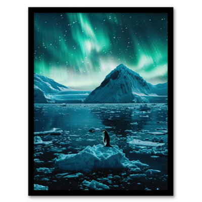 Artery8 Framed Wall Art Aurora Australis Penguin Antarctica Ice Landscape Print12X16 Inch