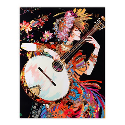 Artery8 Unframed Wall Art Woman Floral Banjo Player Colourful Portrait12X16 Inch from B&Q