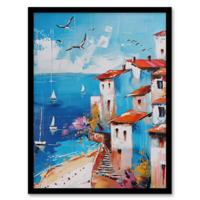 Artery8 Coastal Town Beach Sail Boats Abstract Painting Wall Art PrintA4 Size from B&Q