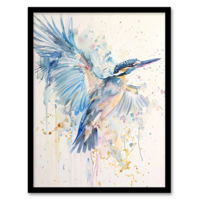 Artery8 Framed Wall Art Kingfisher Bird In Flight Watercolour Painting Print12X16 Inch from B&Q