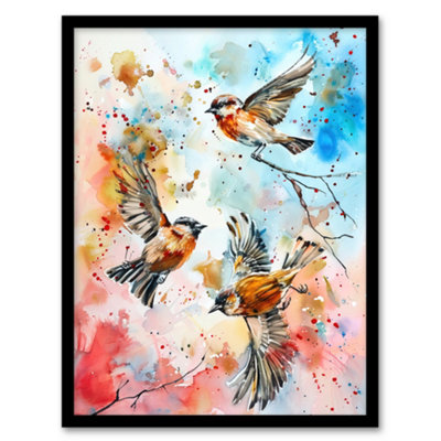Artery8 Framed Wall Art Three Birds In Flight Watercolour Painting Print12X16 Inch from B&Q