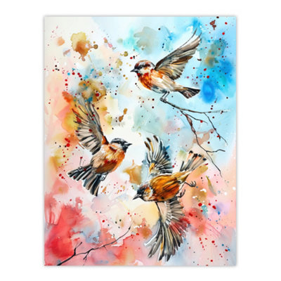Artery8 Unframed Wall Art Three Birds In Flight Watercolour Painting12X16 Inch from B&Q