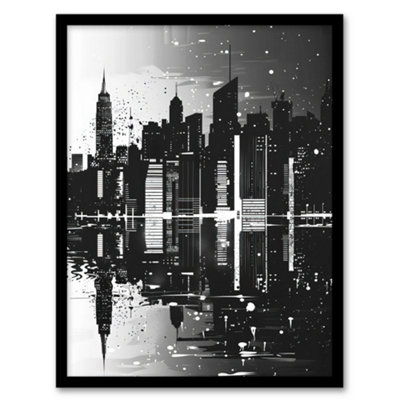 Artery8 Framed Wall Art Metropolis Cityscape Reflection Black White Print12X16 Inch from B&Q