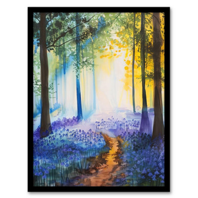 Artery8 Framed Wall Art Bluebell Woods Misty Forest Morning Watercolour Print12X16 Inch from B&Q