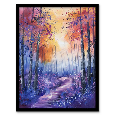 Artery8 Framed Wall Art Bluebell Woods Abstract Violet Forest Sunrise Print12X16 Inch from B&Q