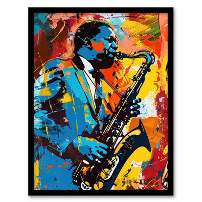 Artery8 Blues Jazz Saxophone Player Vibrant Painting Wall Art PrintA4 Size from B&Q