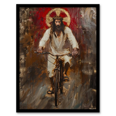 Artery8 Framed Wall Art Jesus On A Bike Funny Oil Painting Print12X16 Inch