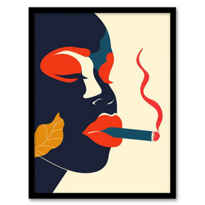 Artery8 Red Lips Smoking Abstract Portrait Woman Wall Art PrintA4 Size from B&Q