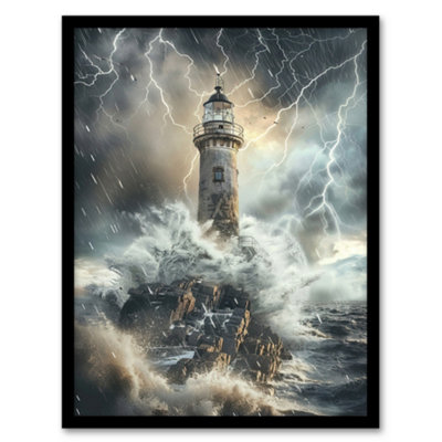 Artery8 Lighthouse Thunderstorm Sea Crushing Waves Wall Art PrintA4 Size from B&Q