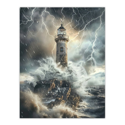 Artery8 Unframed Wall Art Lighthouse Thunderstorm Sea Crushing Waves12X16 Inch from B&Q