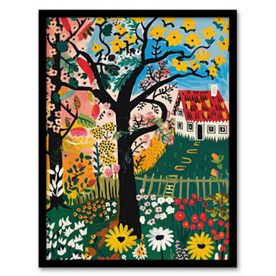 Artery8 Cottage House Garden Flowers Folk Art Painting Wall Art PrintA4 Size from B&Q