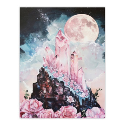 Artery8 Unframed Wall Art Rose Quartz Crystal Full Moon Fantasy Landscape - 12X16 Inch